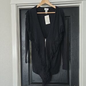 NWT Soft Surroundings Black Wool Blend V-Neck Sweater with Fringe Size Medium
